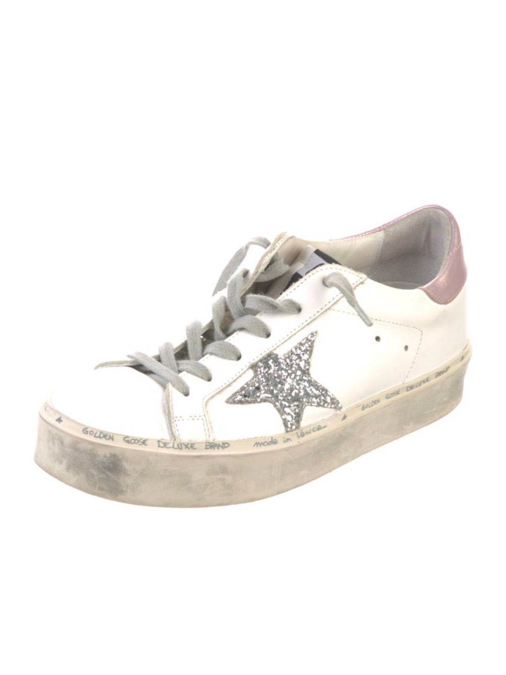 Golden Goose White Leather Sneaker with Silver Glitter Star and Pink Heel - Picture 5 of 6